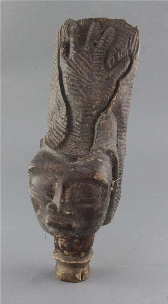 An African wood carving of a womans head, 39cm